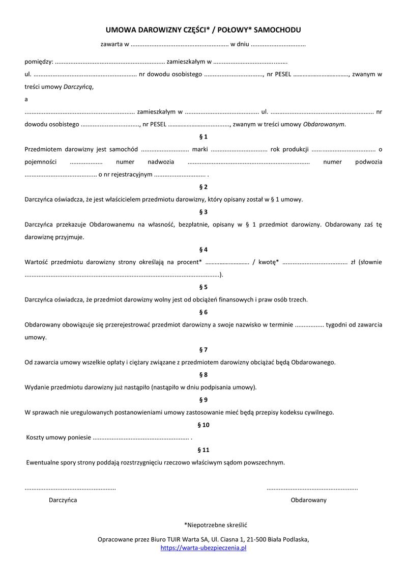 Umowa darowizny samochodu